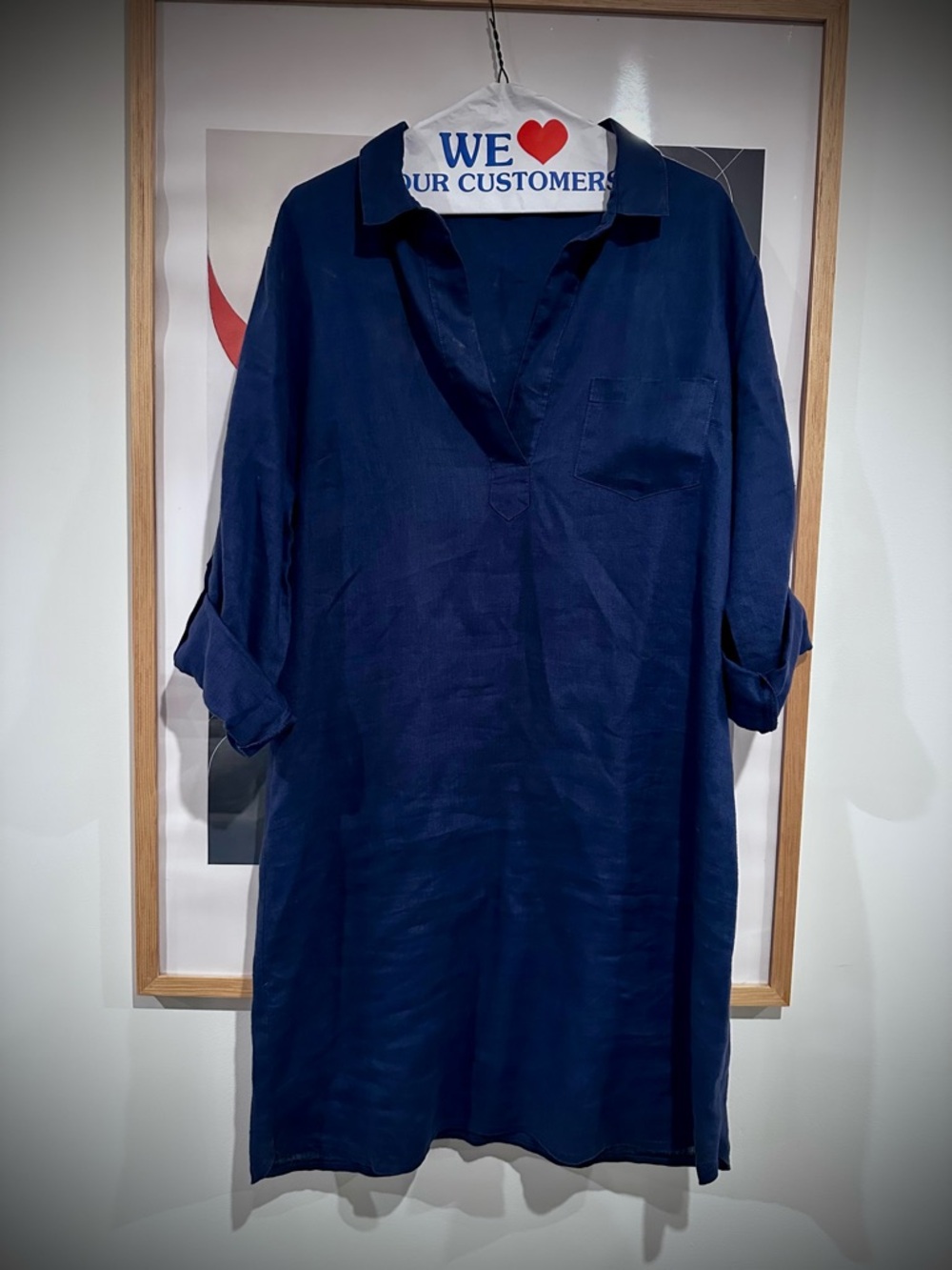 Navy Linen-Blend Midi Shirt Dress